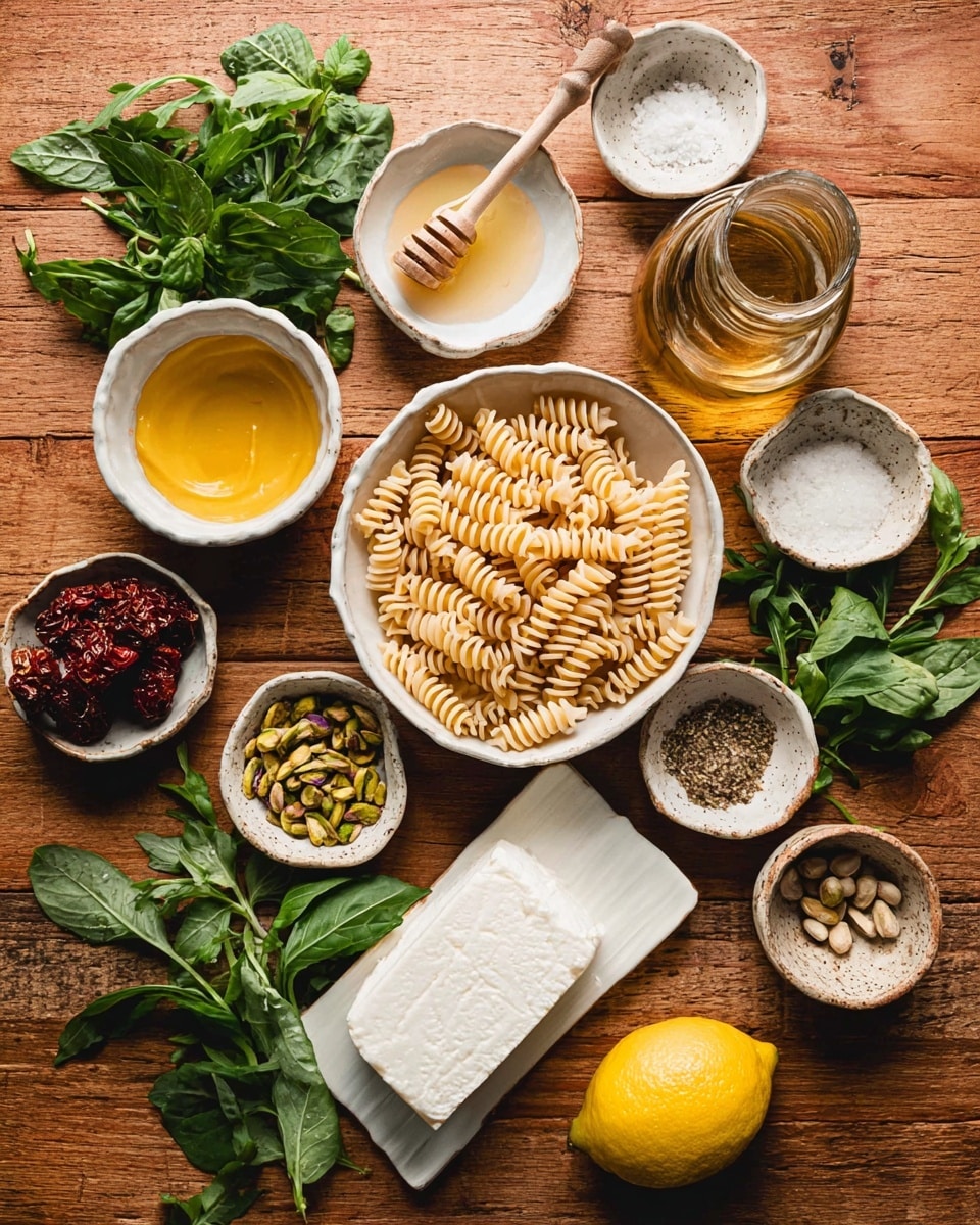 The image shows a top view of various ingredients arranged neatly on a wooden surface with fresh green basil and arugula leaves scattered around. In the center, there is a white ceramic bowl filled with light beige spiral pasta. To the left of the pasta, a small round white bowl holds smooth yellow mustard, while above it, another bowl contains golden honey with a wooden dipper resting inside. Below the mustard bowl, a small bowl holds dark red sun-dried tomatoes. At the bottom left, there is a small white bowl filled with crushed green pistachios. In the middle bottom, a rectangular white plate carries a white log of soft cheese. To the right of the cheese, a scalloped white dish contains a mix of white salt and black pepper. Above it, a small round bowl has minced garlic or ginger. Next to it on the right, a speckled bowl holds a reddish liquid, possibly vinegar or syrup. To the top right, a glass bottle with light golden olive oil is placed, surrounded by fresh greens. At the bottom right corner, a whole yellow lemon sits beside more green basil leaves. The whole setting is on a warm wood table with natural light, photo taken with an iphone --ar 4:5 --v 7