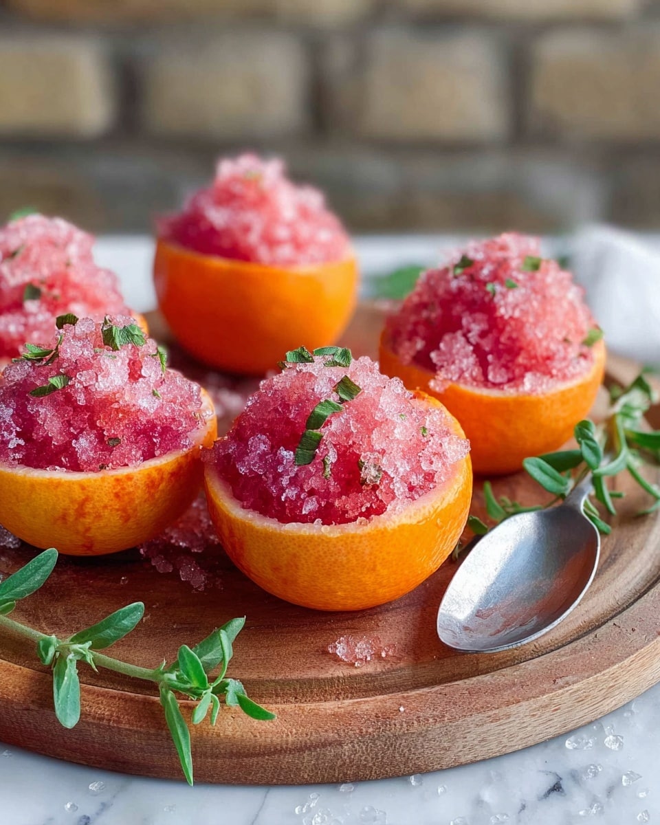 The image shows five orange halves with bright pink frozen granita piled high inside each one. The granita has a rough, icy texture with small green herb leaves scattered on top. The orange halves have a frosty look on their peel, suggesting they are chilled. They are arranged on a round wooden board with some fresh green leafy sprigs around them, and a metal spoon lies nearby on the right. The background shows a blurred stone wall and the whole scene is set on a white marbled surface. photo taken with an iphone --ar 4:5 --v 7