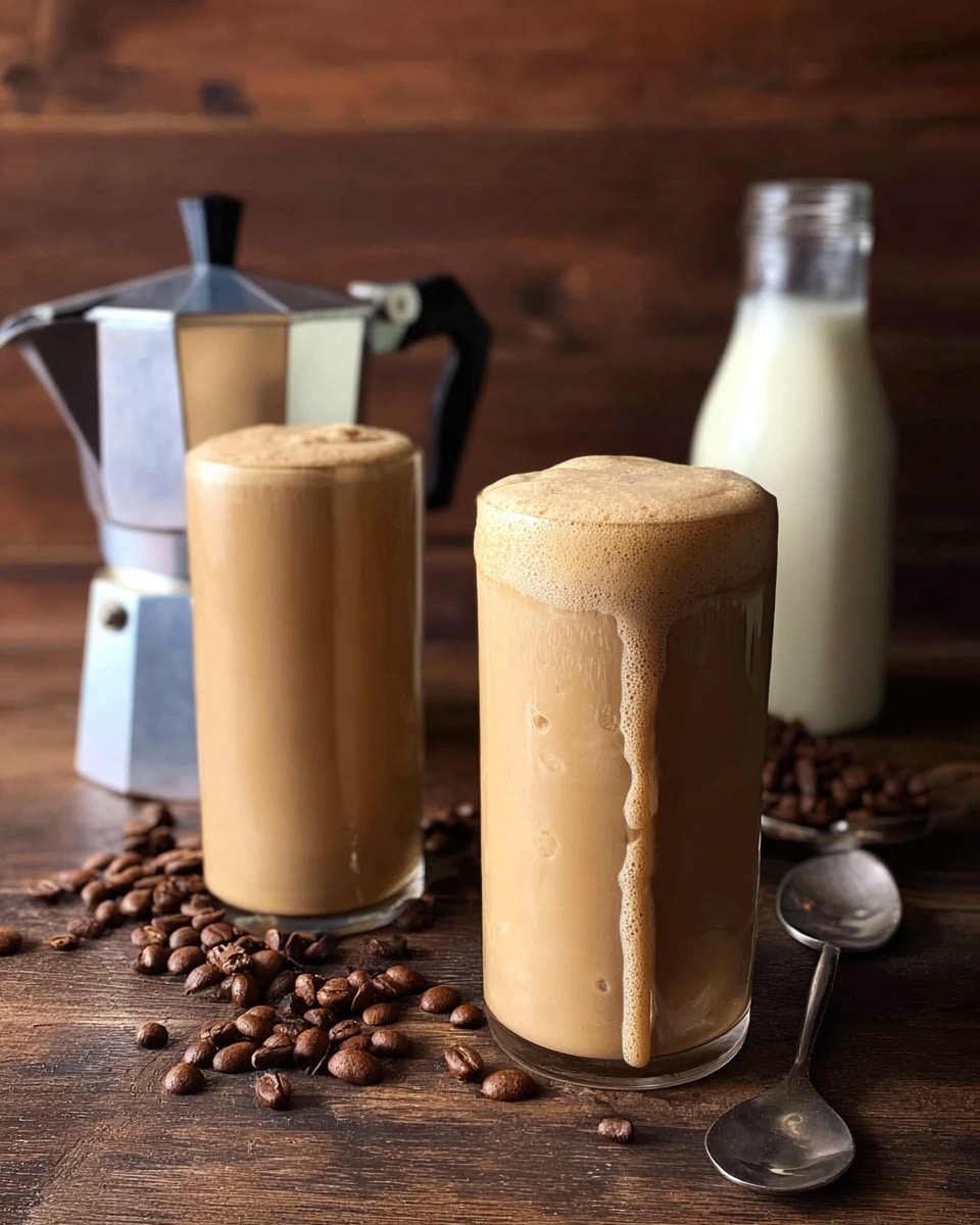 Two tall clear glasses filled with light brown frothy coffee that is slightly overflowing at the top with foam dripping down the sides, sitting on a dark wooden surface scattered with coffee beans. Behind the glasses is a silver coffee maker with a black handle and a bottle of milk with a black cap. A silver spoon lies near the right glass on the wooden surface. The background shows a wooden texture. photo taken with an iphone --ar 4:5 --v 7