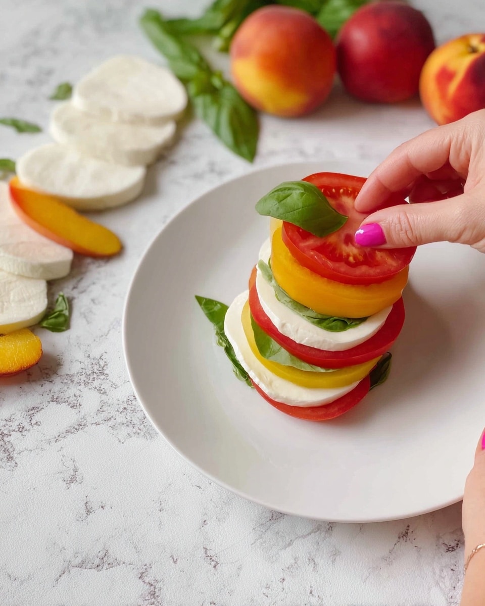 The dish shows a white plate with red decorative patterns on the rim, placed on a white marbled surface. On the plate, the food is arranged in several repeating layers. Each layer has a bright red tomato slice, a piece of creamy white mozzarella cheese with a light sprinkle of black pepper, a dark green fresh basil leaf, and a yellow peach slice with reddish skin. The colors stand out with the smooth texture of the cheese, the soft inside and slightly wet tomato slices, the shiny green basil, and the juicy peach. The layers are placed in a circular, slightly overlapping pattern, filling the plate. photo taken with an iphone --ar 4:5 --v 7