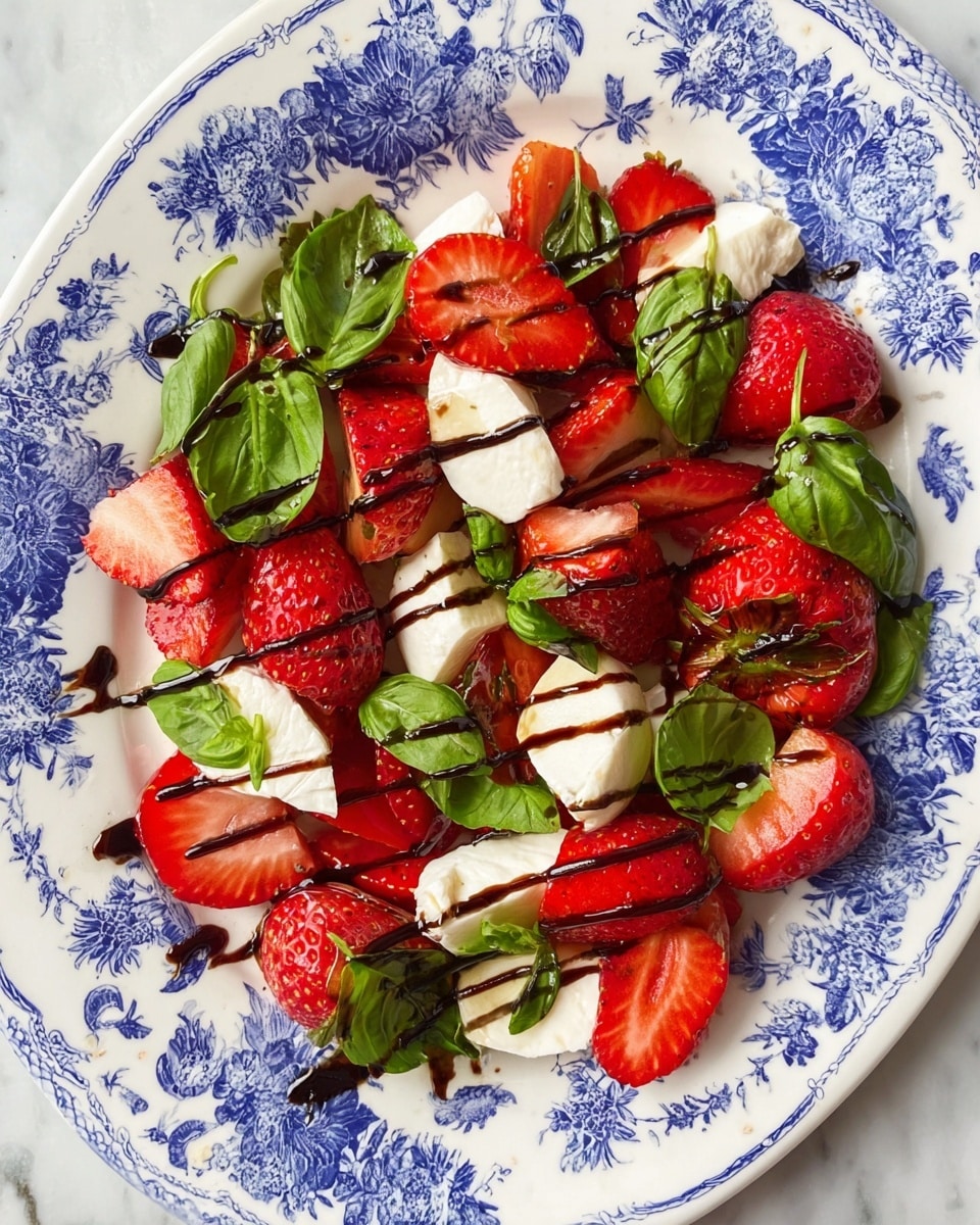 The dish is served on a white plate with a blue floral pattern around the edge, placed on a white marbled surface. It has three main layers: the base layer is fresh green basil leaves scattered across the plate; the next layer consists of bright red halved cherry tomatoes and fresh strawberries both whole and sliced in half, showing their juicy and glossy texture; the top layer features soft white pieces of mozzarella cheese with a slightly wrinkled texture, drizzled with a bit of dark balsamic glaze. The colors are vibrant with green, red, and white creating a fresh and inviting look. photo taken with an iphone --ar 4:5 --v 7
