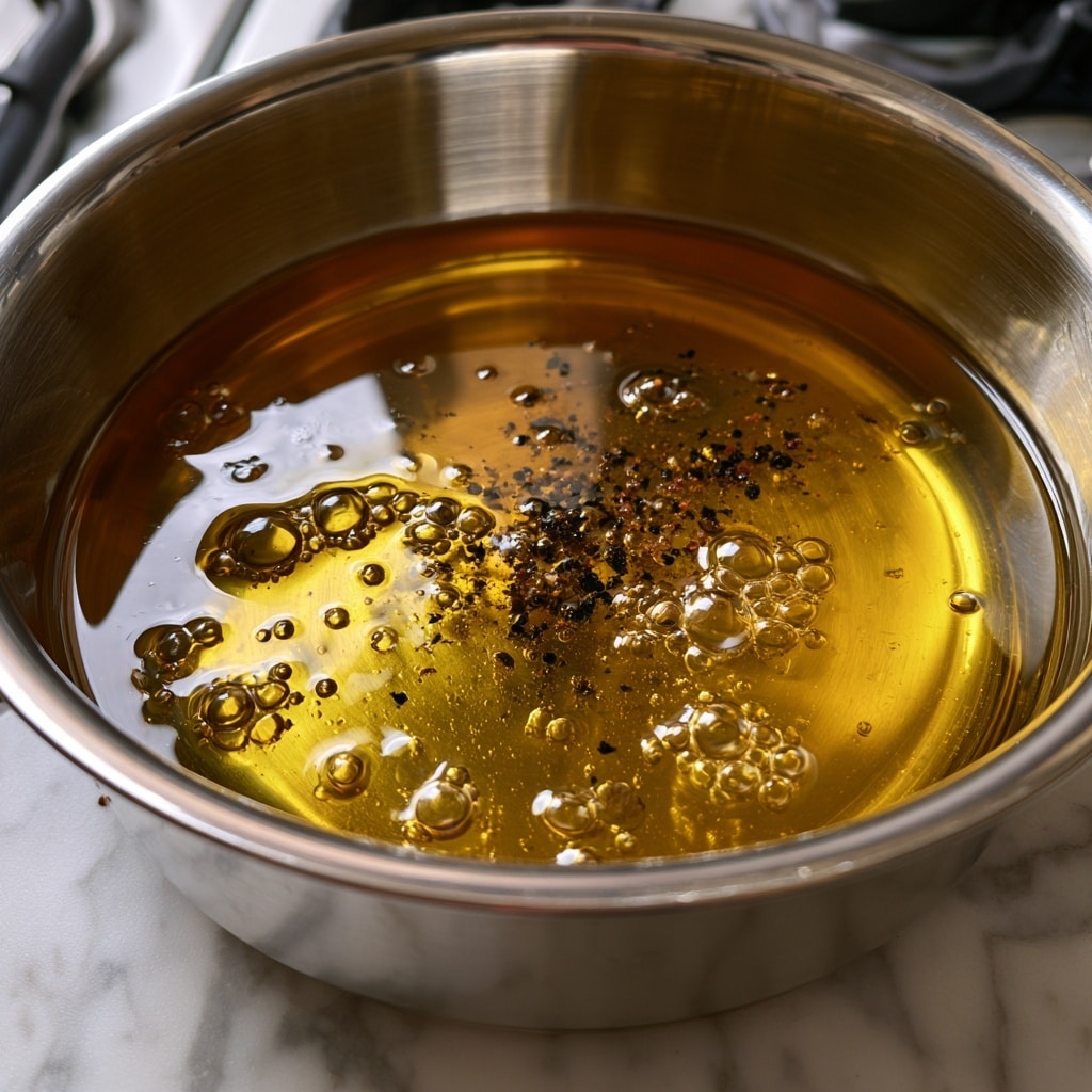 A close-up top view of a round stainless steel pot containing one layer of hot, bubbling yellow-golden oil with small black and brown spices floating and sizzling in the middle. The pot is placed on a white marbled surface with a blurred background showing part of a kitchen stove. The shiny sides of the pot reflect the light, and the bubbles have different sizes scattered across the oily surface. Photo taken with an iphone --ar 4:5 --v 7