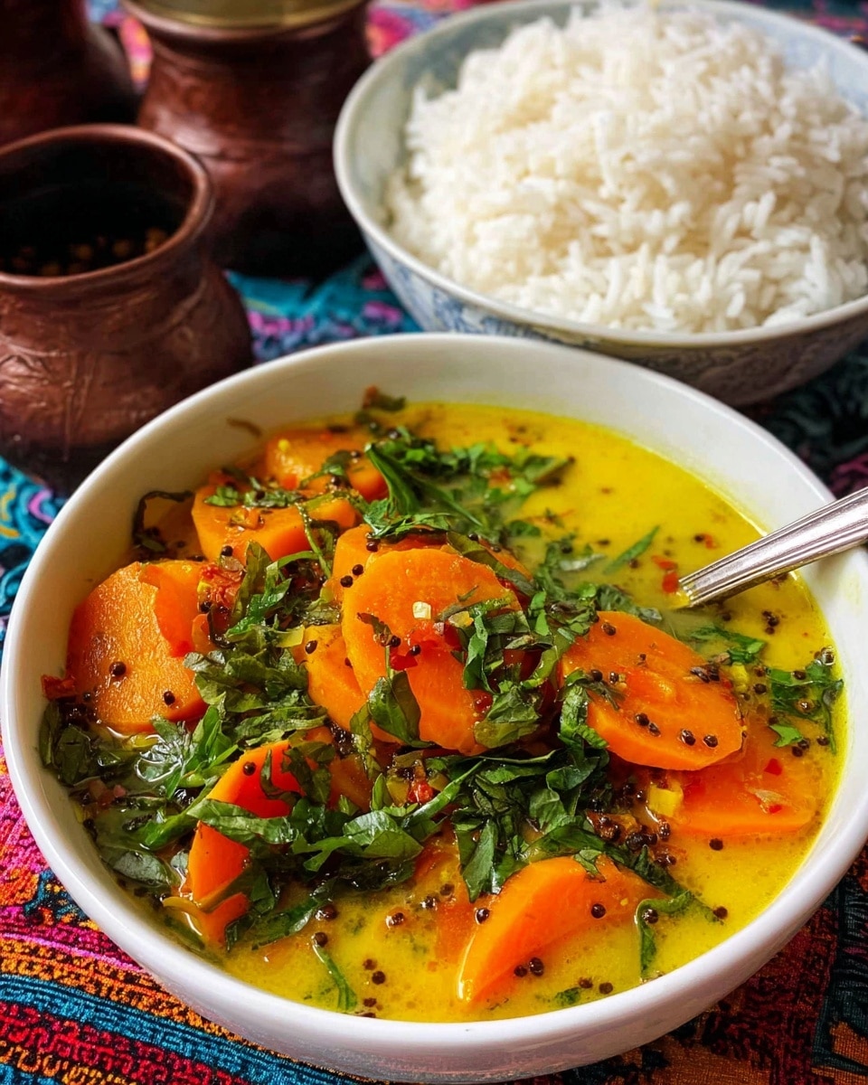 A white bowl filled with a stew of bright orange sliced carrots in a light yellow broth with small black mustard seeds sprinkled throughout, topped with fresh green leafy herbs scattered on top. Next to this bowl is another white bowl filled with plain white rice. Both bowls sit on a colorful cloth with rich patterns, and in the background, there are small rustic brown containers. The surface beneath everything has a white marbled texture. A silver spoon is partially visible resting in the carrot stew. photo taken with an iphone --ar 4:5 --v 7