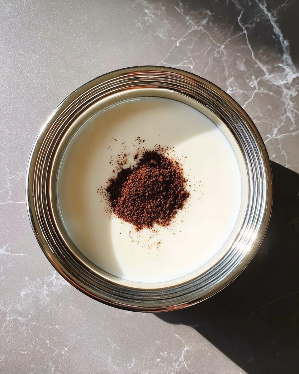 A white metal pot filled with a smooth, creamy white liquid, topped with a small heap of dark brown powder in the center. The pot has a shiny rim with several thin silver lines and is placed on a white marbled surface. Photo taken with an iphone --ar 4:5 --v 7