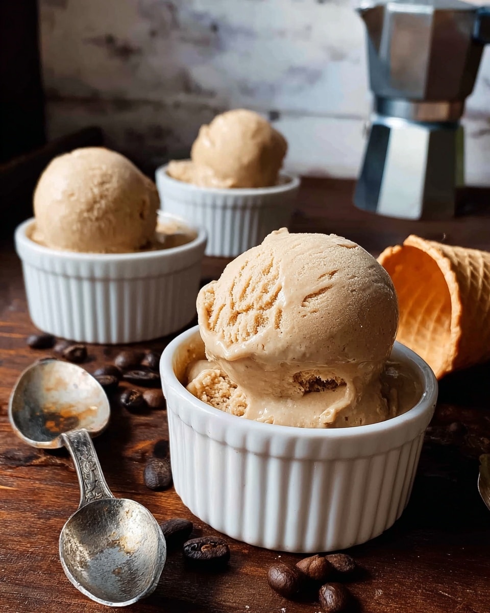 Three scoops of light brown ice cream sit in three white ribbed ramekins arranged diagonally on a dark wooden surface. The front scoop is the largest and closest to the viewer, showing a smooth, slightly frosted texture with some small ridges. The two scoops in the back are slightly smaller and blurrier, each atop a similar white ramekin. Around the ramekins, there are scattered dark brown coffee beans and two tarnished silver spoons with creamy residue, one lying flat and the other angled near the front. To the right, a white waffle cone piece leans on the surface, and in the background, a silver stovetop coffee maker sits out of focus. The whole scene is warm with soft lighting, with a wooden textured backdrop replaced by a white marbled texture. Photo taken with an iphone --ar 4:5 --v 7