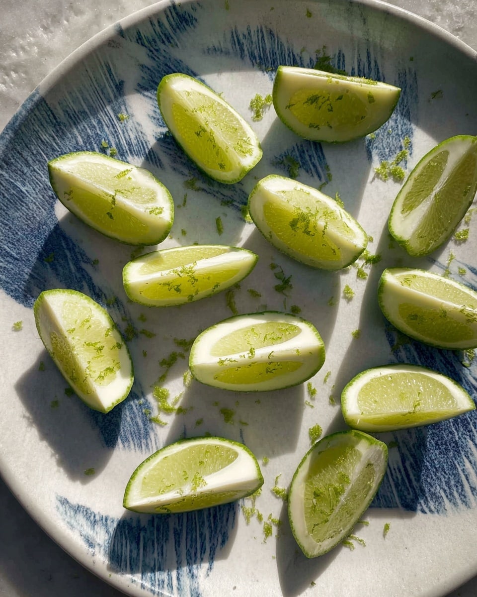 The image shows a white plate with a blue marbled pattern, filled with lime wedges placed on a white marbled surface. There are two types of lime wedges: some are plain bright green with a juicy texture, and others have a whitish creamy layer spread on the green citrus flesh, topped with small green zest shreds. The lime wedges are scattered evenly across the plate, with sunlight casting soft shadows, highlighting the fresh and vibrant colors. photo taken with an iphone --ar 4:5 --v 7