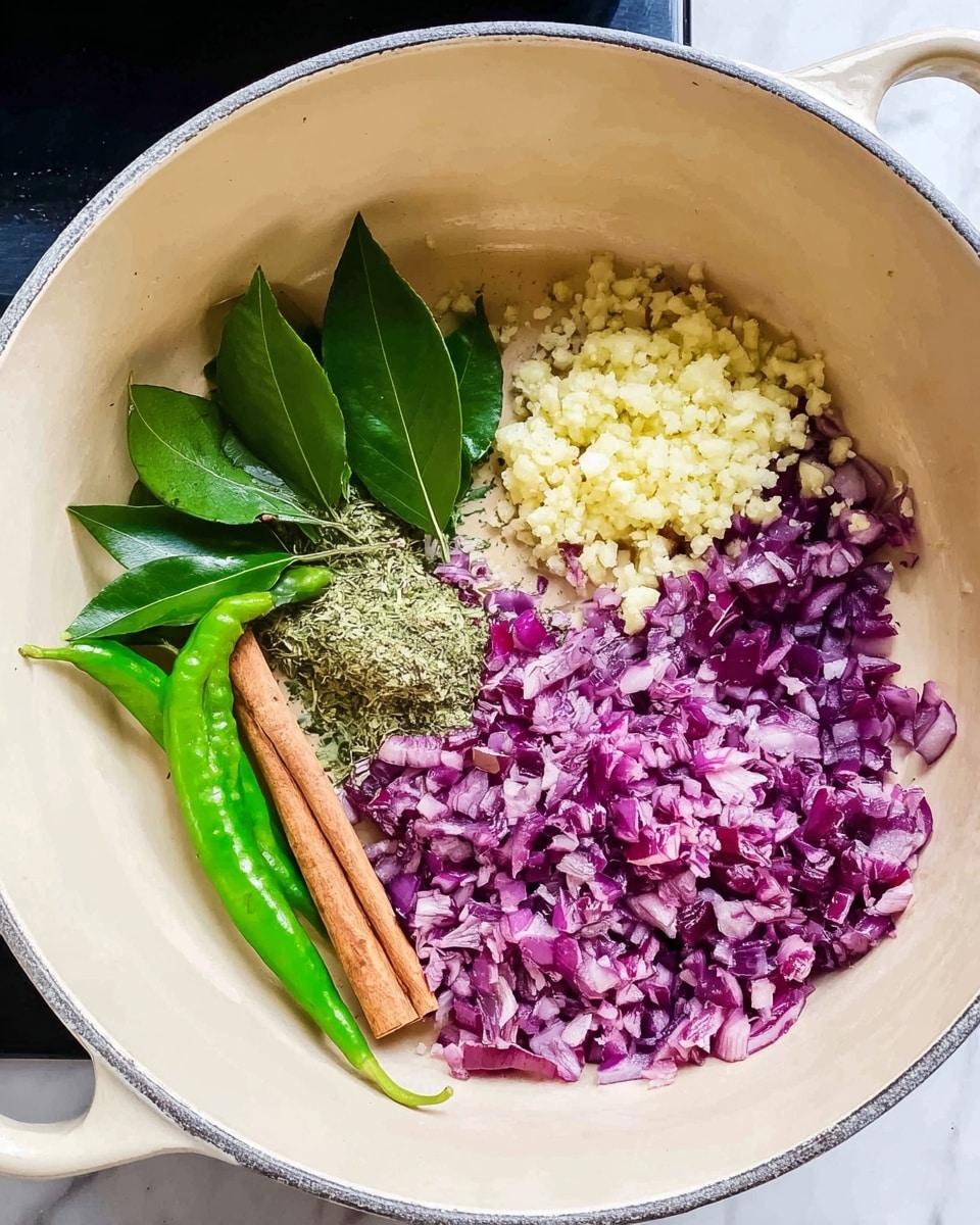 In a white pot, there are four groups of ingredients evenly spaced. On the lower right, a large pile of finely chopped red onions shows a deep purple and white color with a slightly rough texture. Above the onions, a cluster of finely chopped light yellow garlic pieces forms a small mound. Next to the garlic on the left, several fresh green curry leaves lie flat, smooth, and shiny. Below the leaves, two long green chili peppers rest side by side, smooth and vibrant. A medium brown cinnamon stick sits partly under the garlic and onions. The white pot has a soft beige inside and is set on a surface with a white marbled texture. Photo taken with an iphone --ar 4:5 --v 7