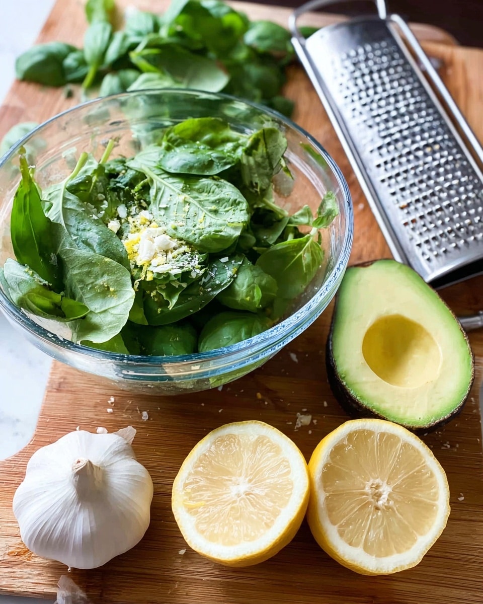 The image shows a clear glass bowl filled with fresh green basil leaves with some small white and yellow bits on top, possibly lemon peel and salt. To the right of the bowl, a halved avocado with its light green inside and darker green edges sits next to two halved lemons showing their juicy, textured yellow interiors. Below the avocado and lemons, a whole white garlic bulb is placed on a white marbled surface. Behind the bowl, a metal grater and more fresh basil leaves can be seen on the wooden board. The photo is taken with an iphone --ar 4:5 --v 7