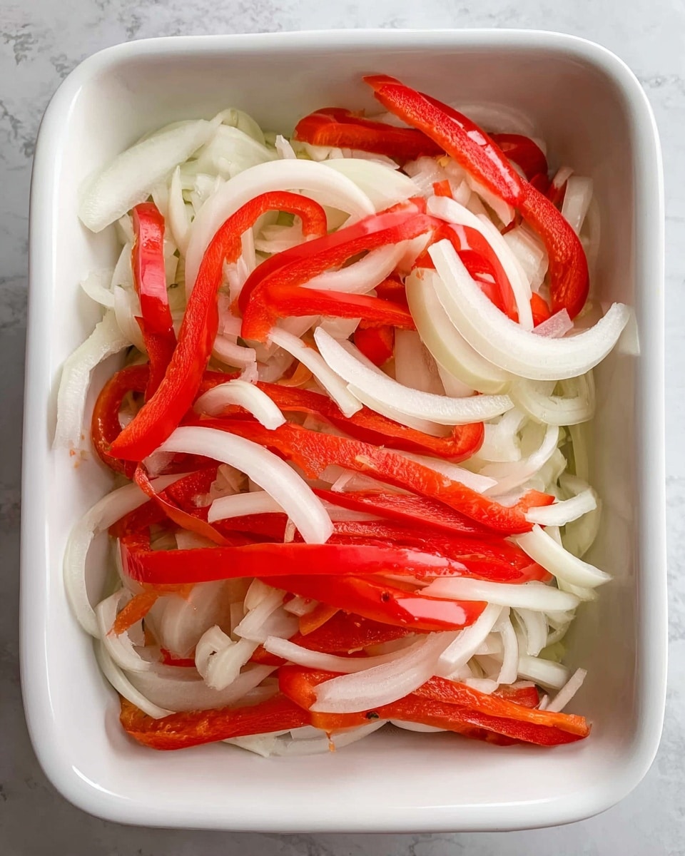 A white rectangular dish filled with thinly sliced onion rings and long strips of red bell pepper. The onion slices are white and slightly translucent, with some pieces lying flat while others form loose curls around the red pepper slices. The red bell pepper strips are bright and glossy, standing out against the pale onion layers. The dish sits on a white marbled surface, highlighting the fresh, crisp look of the vegetables. photo taken with an iphone --ar 4:5 --v 7