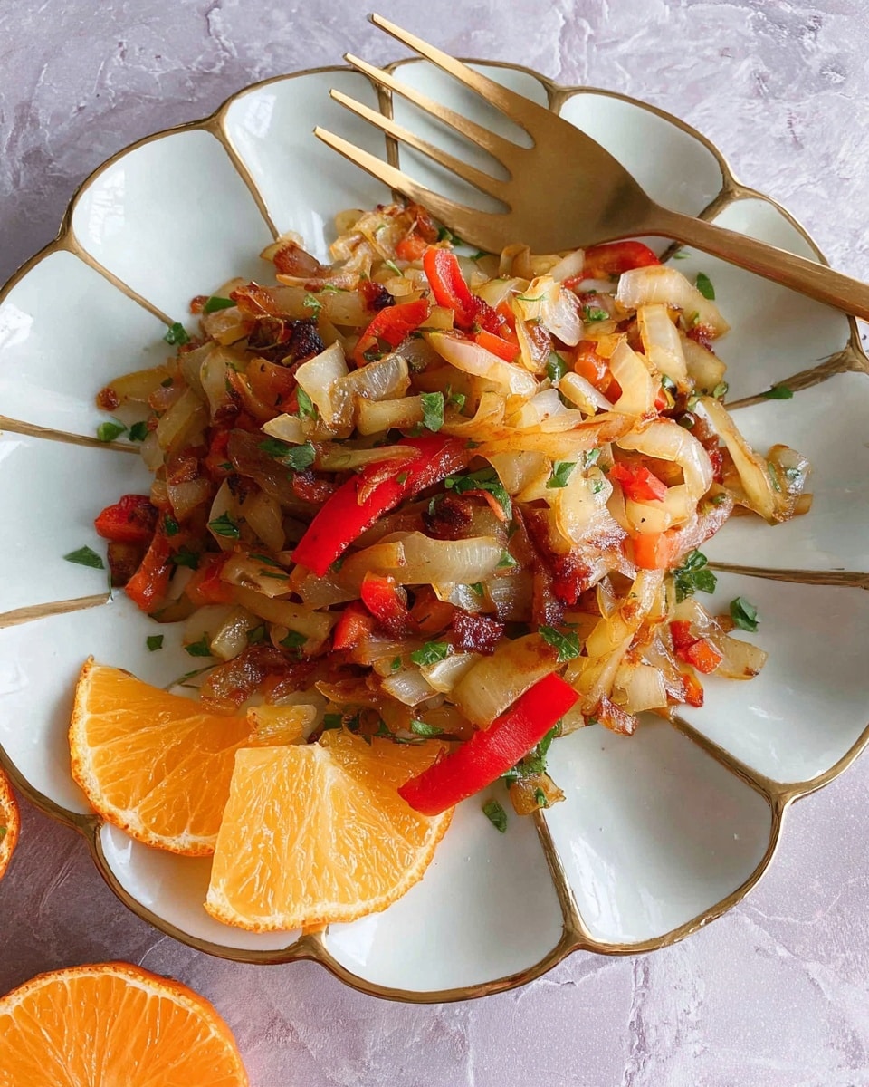 A white bowl filled with cooked sliced onions as the base layer, topped with thin strips of bright red bell peppers scattered evenly. Small cubes of browned sausage pieces are spread across the top, adding a rich reddish-brown color. Light green chopped herbs are sprinkled delicately over the dish along with tiny orange zest bits adding fresh vibrant touches. The bowl rests on a white marbled surface. Two orange halves sit nearby, one whole and one hollowed out. Photo taken with an iphone --ar 4:5 --v 7
