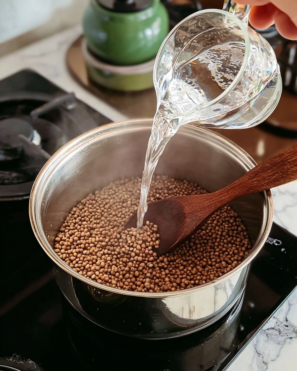 A shiny silver pot filled with small round brown seeds rests on a black stovetop with a white marbled texture in the background. Inside the pot, a wooden spoon with a smooth, dark brown texture lies on top of the seeds. Above the pot, a woman's hand pours clear water from a small glass cup, and steam rises gently from the pot, showing heat. In the background, parts of green and black kitchen items are slightly blurred. photo taken with an iphone --ar 4:5 --v 7