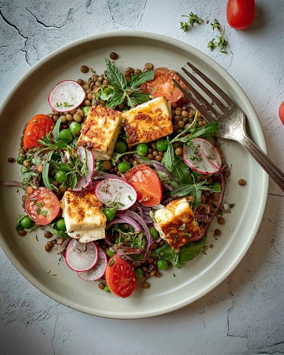 A green plate holds a colorful salad with several layers: a base of light brown lentils mixed with small bright green beans and fresh chopped green herbs scattered throughout. On top, there are round, thin radish slices with white centers and pink edges, halved red cherry tomatoes, thin red onion slices, and several golden-brown, crispy cubes of fried white cheese placed unevenly around the plate. The salad is presented on a white marbled surface, and to the right of the plate, there are two metal forks placed side by side. photo taken with an iphone --ar 4:5 --v 7