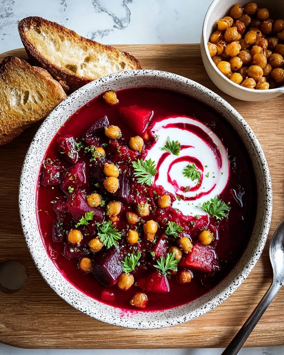 A white speckled bowl filled with a dish made of multiple layers: the base layer is dark red cooked beetroot pieces with a smooth, slightly shiny texture; scattered on top are small, round, golden chickpeas adding a light crunchy look; white drizzle of creamy sauce flows among the beetroot and chickpeas, giving contrast; small bright green parsley leaves add color as garnish, all on a warm wooden surface with blurred bread and chickpeas in the background photo taken with an iphone --ar 4:5 --v 7