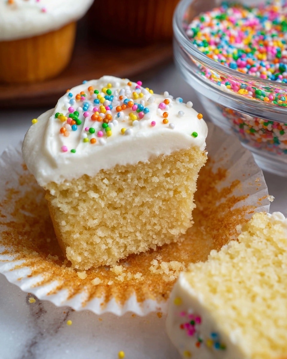 A close-up image of a single cupcake with two visible layers: the bottom layer is a light golden yellow cake, soft and crumbly with a slightly rough texture, and the top layer is a smooth, thick white frosting spread evenly with small colorful round sprinkles scattered on top. The cupcake is partially unwrapped from its white paper liner, showing crumbs around the base. Nearby, there is a clear glass bowl filled with similar small, colorful round sprinkles. The scene sits on a white marbled texture background. Photo taken with an iphone --ar 4:5 --v 7