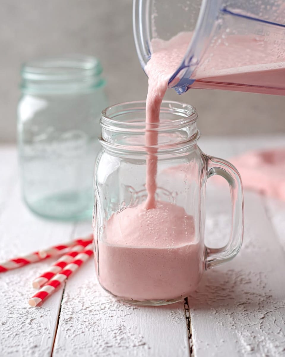 A clear plastic cup filled with creamy white yogurt mixed with red strawberry pieces scattered inside and floating on top, with a large whole red strawberry perched on the rim held by a spoon partially submerged in the yogurt. The cup is placed on a teal-green textured cloth on a white marbled surface. In the blurry background, a bowl also holds bright red strawberries. photo taken with an iphone --ar 4:5 --v 7