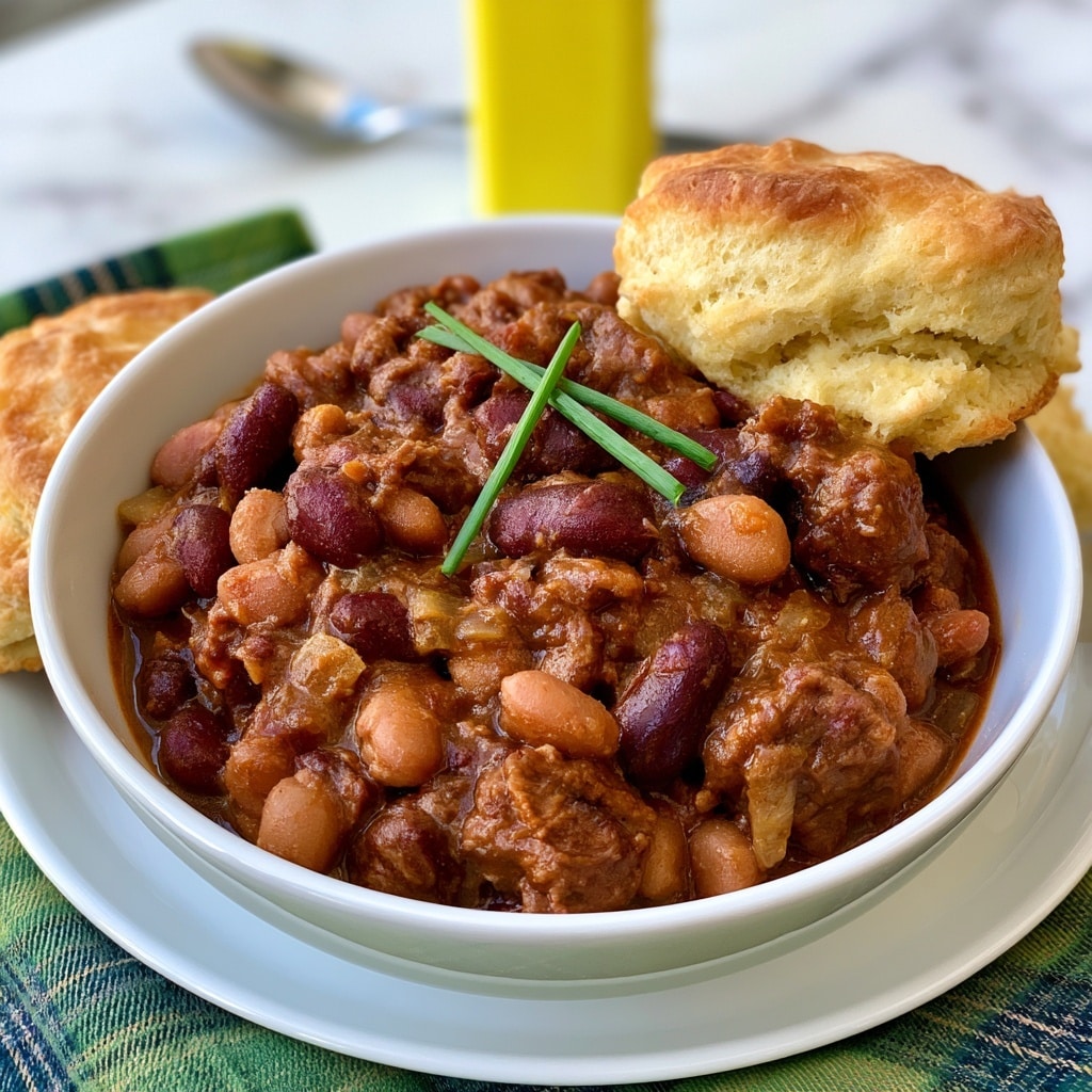 A white oval dish filled with a thick mix of chili that has three main layers: dark brown cooked ground beef pieces, dark red kidney beans, black beans, and large pale beige lima beans mixed together, topped with small bits of crispy reddish-brown bacon and thin slices of green onion scattered on top; a wooden spoon rests in the chili near the center, showing the chunky texture of the ingredients. The dish sits on a white marbled surface with a few green onions nearby. photo taken with an iphone --ar 4:5 --v 7
