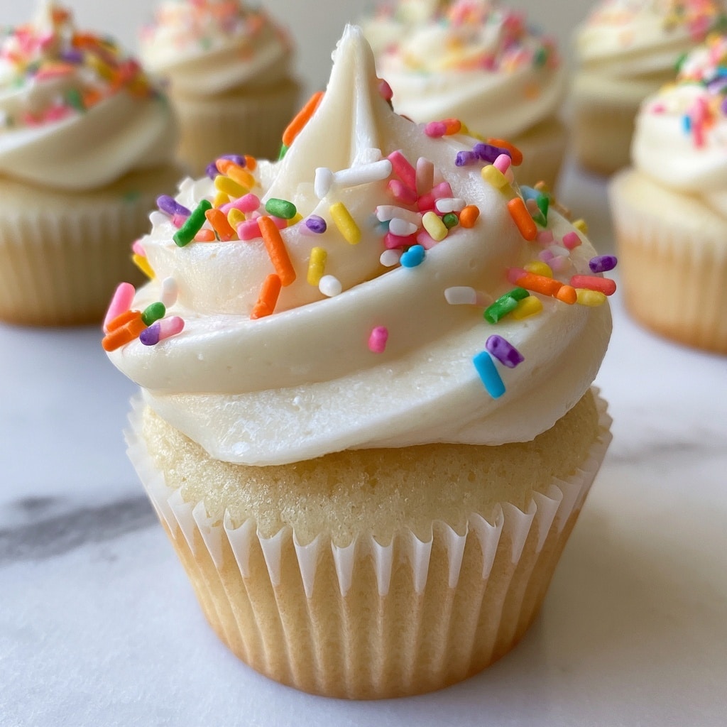 A close-up view of a small vanilla cupcake with a light golden base, topped with a thick swirl of smooth white frosting. The frosting is decorated with bright rainbow sprinkles in orange, pink, green, yellow, blue, purple, and white, scattered evenly across the top. The cupcake is shown on a white marbled surface with several other similar cupcakes blurred softly in the background, emphasizing the main cupcake's texture and colors. photo taken with an iphone --ar 4:5 --v 7