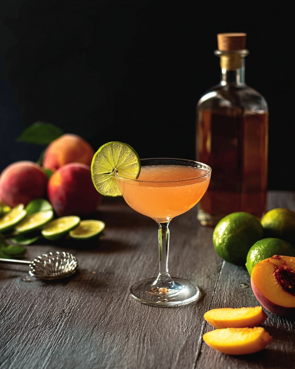 A tall glass bottle with a cork top is filled with a deep orange liquid, placed in the center of the image. Around the bottle, there are several peach slices with yellow and orange flesh, some showing red hues near the skin. There are whole peaches with soft fuzzy skin in the background on a dark wooden surface. Nearby, a metal scoop is filled with white granulated sugar, spilling some onto the surface. A wooden-handled knife with a silver blade lies flat on the surface. The background is dark and contrasts with the bright colors of the peaches and liquid. photo taken with an iphone --ar 4:5 --v 7