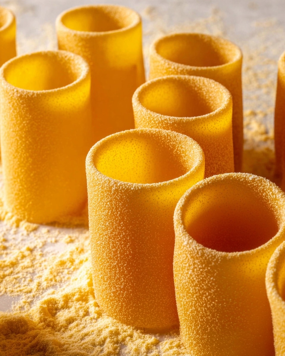 The image shows two types of raw pasta side by side on a dark textured surface. On the left, there are many short, tube-shaped pasta pieces with ridges running around the outside, scattered loosely around a wooden pasta drying tool with fine ridges and a smooth stick. On the right, there are larger smooth tubes of pasta, scattered in a separate pile. Both kinds are pale yellow and have a fine dusting of flour on them. photo taken with an iphone --ar 4:5 --v 7