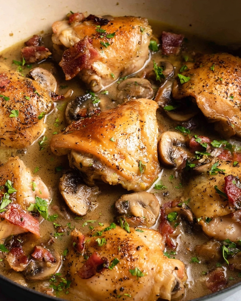 The image shows a close-up of several golden brown chicken pieces cooked in a brown sauce with visible specks of pepper on the skin. Mixed in the sauce are cooked mushroom slices, small bacon pieces, and bits of green herbs sprinkled on top. The chicken looks tender and juicy, partially submerged in the rich sauce, with a soft, slightly glossy texture on the skin. The setting is a white marbled surface, focusing tightly on the dish. Photo taken with an iphone --ar 4:5 --v 7