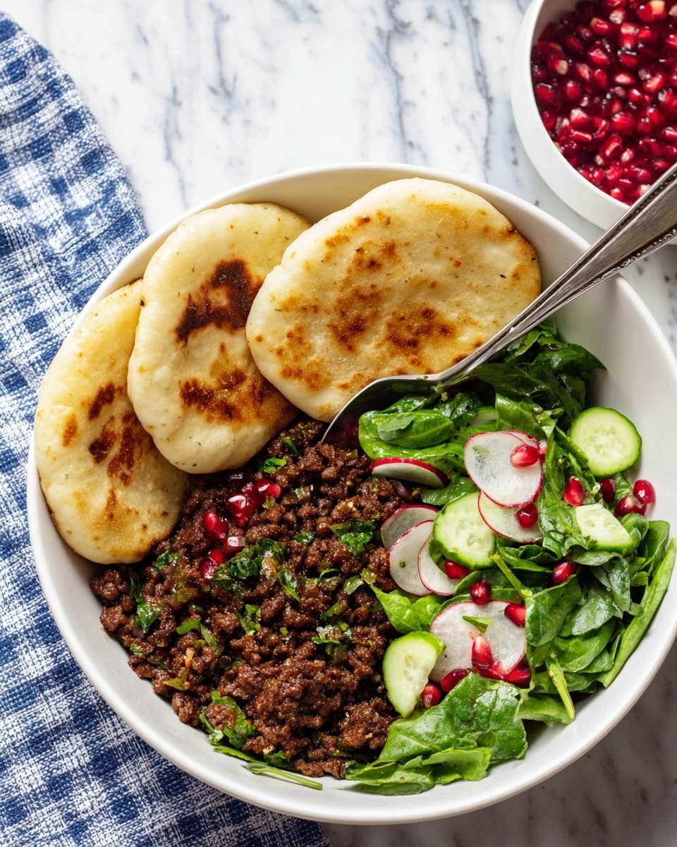 A flat round bread as the base with a light golden-brown toasted texture and small darker spots on the surface, topped with a dark brown minced meat layer mixed with small light brown toasted nuts, bright red pomegranate seeds, and fresh green parsley leaves scattered evenly on top. Behind this is a large white bowl filled with mixed green salad, slightly blurred to keep focus on the bread dish, all placed on a white marbled surface photo taken with an iphone --ar 4:5 --v 7