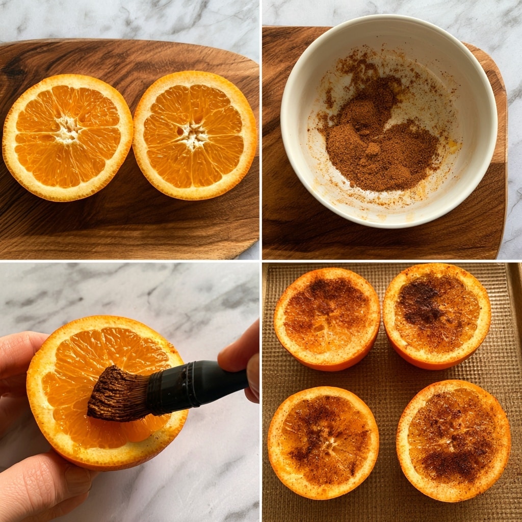The image shows a four-step process of preparing seasoned orange halves. In the first step, two fresh orange halves with bright orange flesh and white pith are placed side by side on a wooden surface. The second step shows a white bowl containing a brown spice mix, with some of the spice scattered inside the bowl, placed on the same wooden surface. The third step captures a woman's hand holding an orange half while another woman's hand uses a black brush to spread the spice mix evenly over the bright, juicy orange flesh. In the final step, four seasoned orange halves with slightly browned, spiced tops are arranged on a textured baking tray, ready to be cooked or served. The background in all images is a white marbled surface. photo taken with an iphone --ar 4:5 --v 7