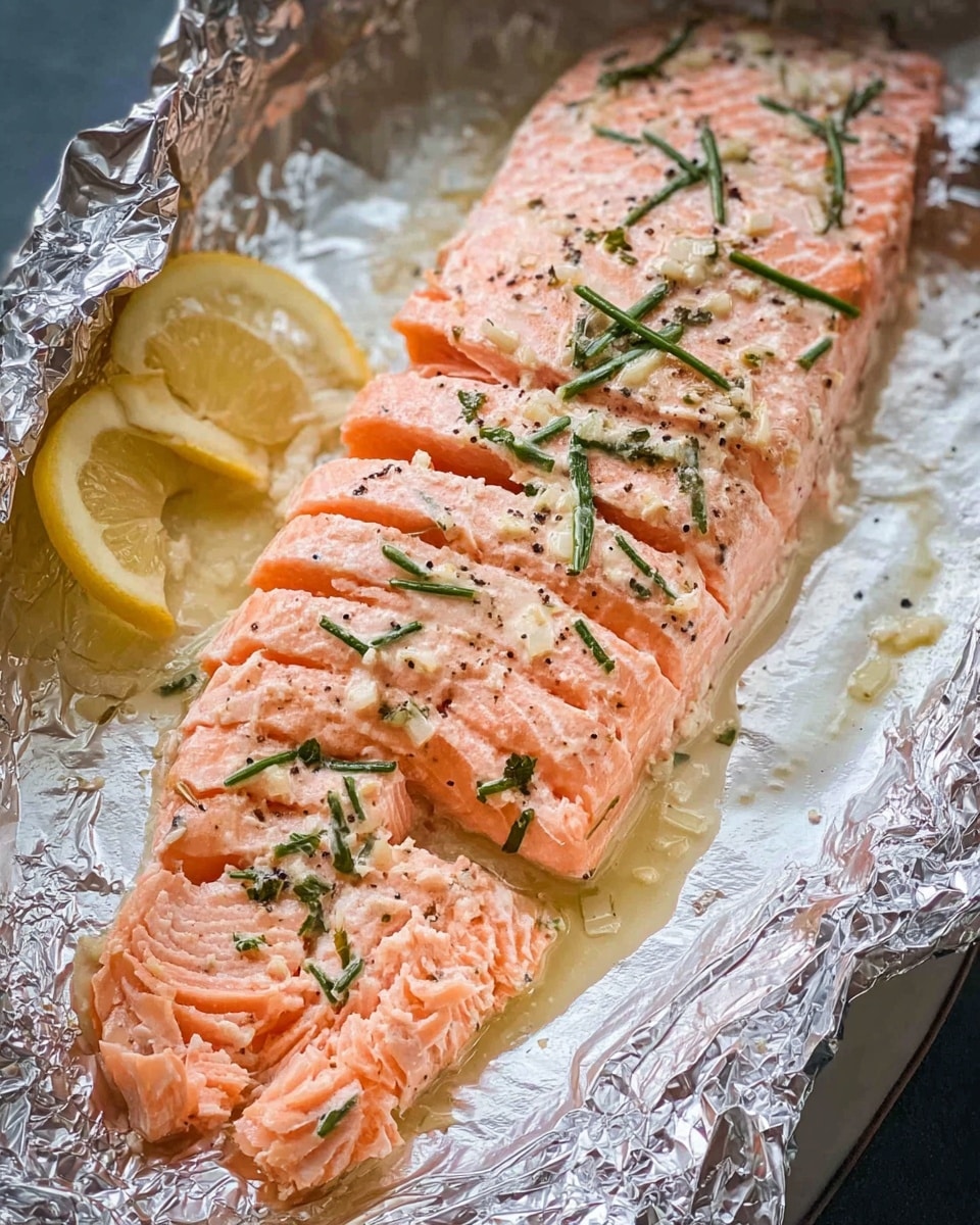 The image shows a cooked salmon fillet placed on crinkled aluminum foil with a white marbled surface underneath. The salmon is sliced thinly but still connected at the base, displaying its light orange-pink color with a slightly creamy texture on top. Finely sliced green herbs are scattered over the salmon, adding a fresh touch, while small black pepper specks are visible across the surface. Two lemon slices are placed on the left side of the salmon, adding yellow color contrast. There is a small amount of clear juice pooling around the base of the salmon. photo taken with an iphone --ar 4:5 --v 7