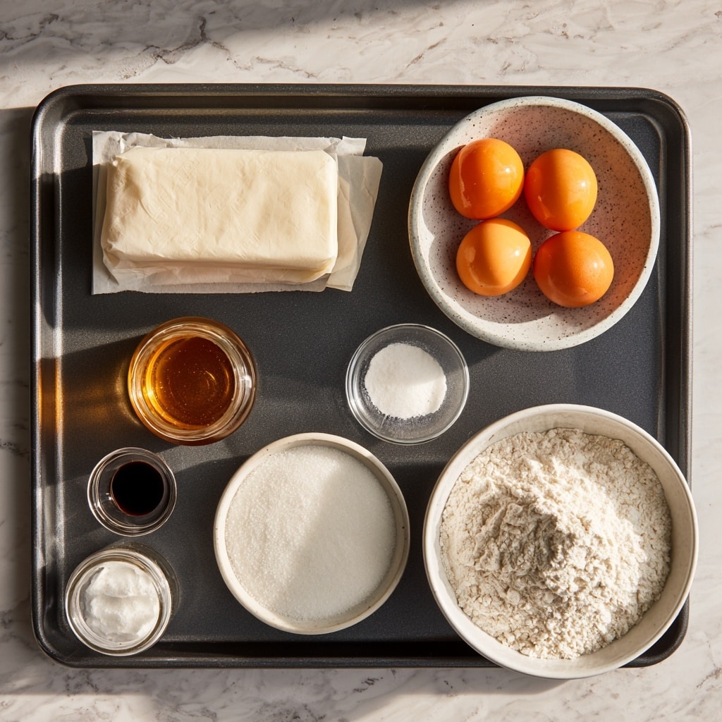 The image shows eight small white bowls placed on a white marbled surface, each holding a different baking ingredient. Starting from the top left, the first bowl contains yellow cubes of butter. Next to it on the right, a bowl holds three brown eggs. Below the butter, a bowl is filled with white granulated sugar. To its right, a bowl has thick, creamy white Greek yogurt. Below the sugar is a bowl with a small amount of dark brown vanilla extract. To the right of vanilla is a larger bowl filled with light beige almond flour, which has a grainy texture. Below the vanilla is a bowl containing white tapioca starch, and next to it on the right, a bowl with white baking powder. To the bottom right is a small bowl of pinkish salt. All the bowls are evenly spaced and neatly arranged. The photo taken with an iphone --ar 4:5 --v 7