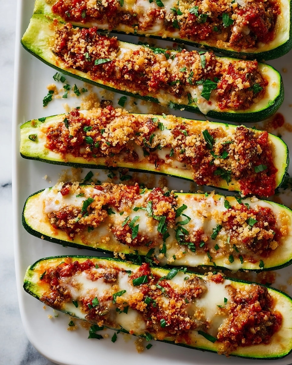 The image shows six zucchini boats arranged in two columns on a white plate set on a white marbled surface. Each zucchini is sliced in half lengthwise, revealing a green outer skin with a light green inside. The zucchini boats are filled with a chunky red sauce mixed with browned pieces, topped with melted white cheese that has slightly browned in spots, and sprinkled with golden breadcrumbs and chopped green herbs. The filling rests inside the hollowed parts of the zucchini, with the layers clearly visible, creating a colorful and textured look. photo taken with an iphone --ar 4:5 --v 7