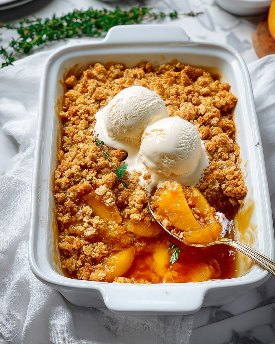 A white rectangular baking dish filled with a warm peach crumble dessert, showing two layers: the bottom layer is soft, juicy peach slices in a glossy orange syrup, and the top layer is a golden, crumbly streusel with a slightly rough texture. On top of the crumble, there are two rounded scoops of melting vanilla ice cream, creamy white with a smooth texture. A spoon is scooping out some peaches and crumbs from one corner, partially lifting the topping layer, revealing the syrupy peaches underneath. The dish sits on a white marbled surface with a white cloth napkin nearby, and some green herbs are visible in the background. photo taken with an iphone --ar 4:5 --v 7