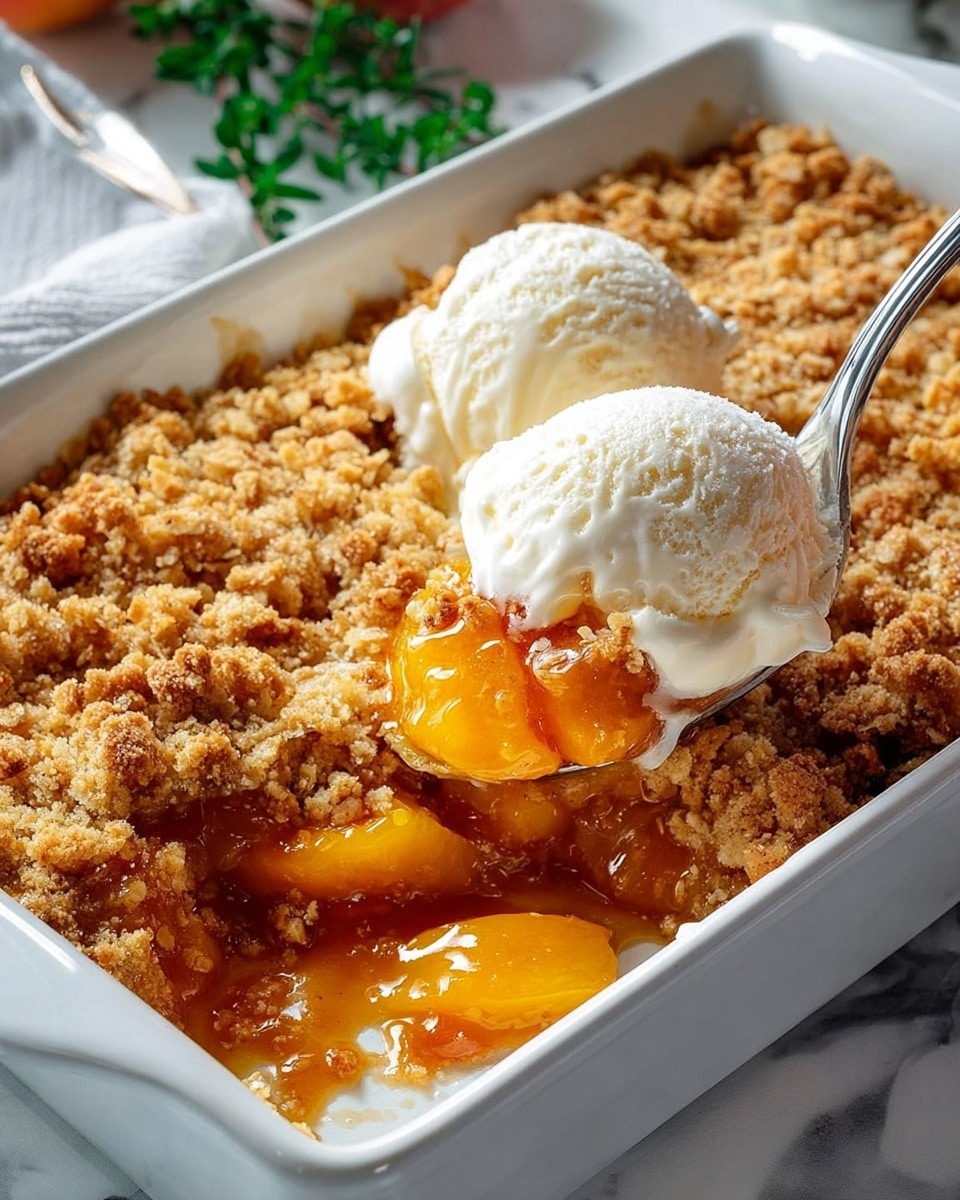 A white rectangular baking dish shows a peach cobbler with two scoops of melting vanilla ice cream on top. The cobbler has a thick golden-brown crumbly crust layer with rough texture, covering bright orange peach slices underneath, visible where a spoon has scooped out a portion from the corner. The peach filling is soft and juicy, with syrupy edges blending into the crust. The dish sits on a white marbled surface, and a silver spoon rests inside the dish where the cobbler has been served. Photo taken with an iphone --ar 4:5 --v 7