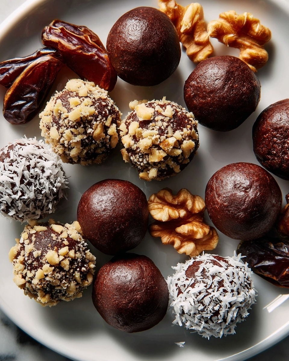 A white rectangular dish filled with several round energy balls arranged in neat rows. The bottom row has three balls covered in white shredded coconut, showing a rough texture. Above that row, there are two balls coated with chopped nuts, appearing uneven and crunchy, and several smooth dark brown balls that look soft and rich in color. In the top left corner of the dish, there are a few whole dates with shiny, wrinkled skin and a small pile of chopped walnuts, golden brown and rough in texture. The dish sits on a white marbled surface. Photo taken with an iphone --ar 4:5 --v 7