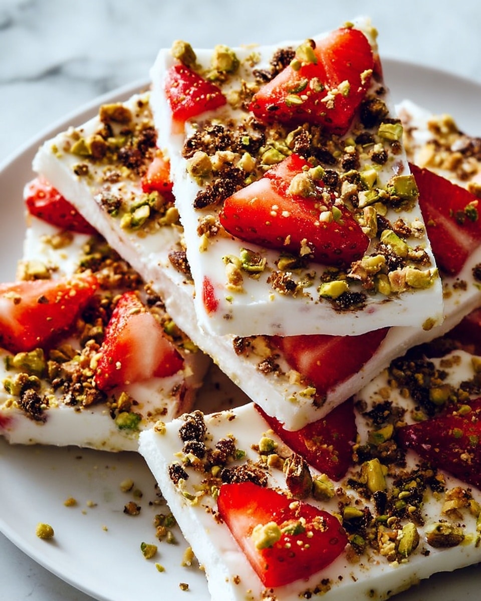 The image shows several pieces of white frozen yogurt bark stacked on a white plate, each piece topped with bright red strawberry slices and sprinkled with crushed green pistachios and dark brown granola clusters. The yogurt layer is thick and smooth, serving as the base, while the toppings are scattered unevenly to create a colorful and textured surface. The background has a white marbled texture. Photo taken with an iphone --ar 4:5 --v 7