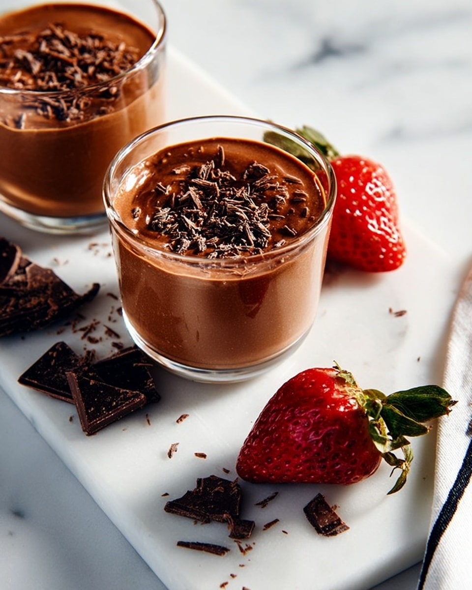 Two clear glasses filled with thick, creamy chocolate smoothie layers, each topped with dark chocolate shavings. A bright red strawberry is placed on a metal skewer laid across the rim of each glass. Two red and white striped paper straws stand together inside the glass in the foreground. Pieces of dark chocolate chunks and shavings are scattered on the white marbled surface nearby. photo taken with an iphone --ar 4:5 --v 7