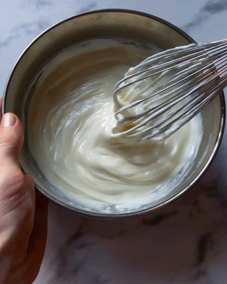 A close-up shot of a white creamy mixture being whisked in a metal bowl, showing smooth, soft, thick texture with swirls made by the whisk. A woman's hand is holding the edge of the bowl, which is set against a white marbled surface. Photo taken with an iphone --ar 4:5 --v 7