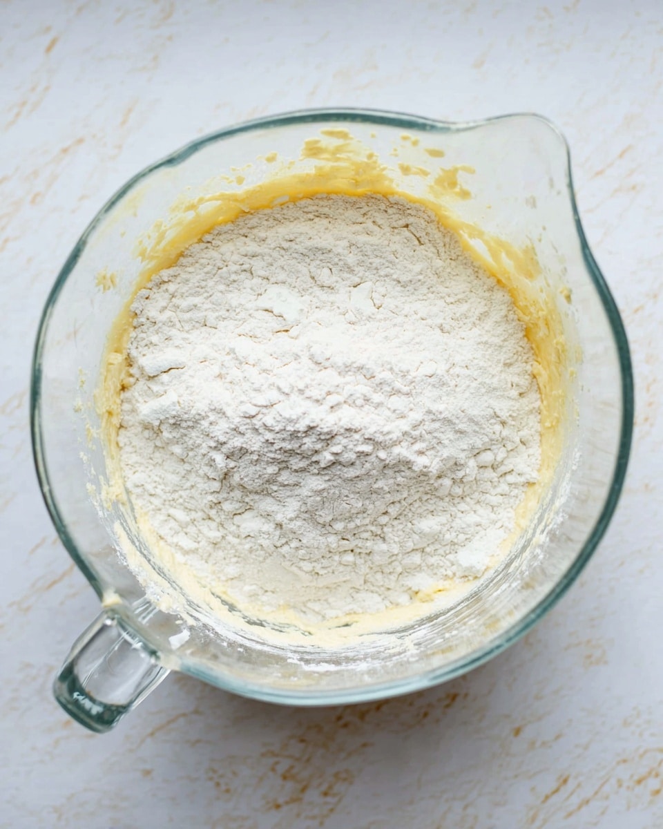 A glass bowl sits on a white marbled surface, filled with baking batter. Inside the bowl, there is a thick, pale yellow batter at the bottom, covered by a thick layer of white flour on top, unevenly spread with some areas showing the batter underneath. The bowl is transparent with a handle on the left side and a spout on the right side, showing small bits of flour stuck to the sides. The lighting is bright and natural, highlighting the fluffiness of the flour and the smoothness of the batter. photo taken with an iphone --ar 4:5 --v 7