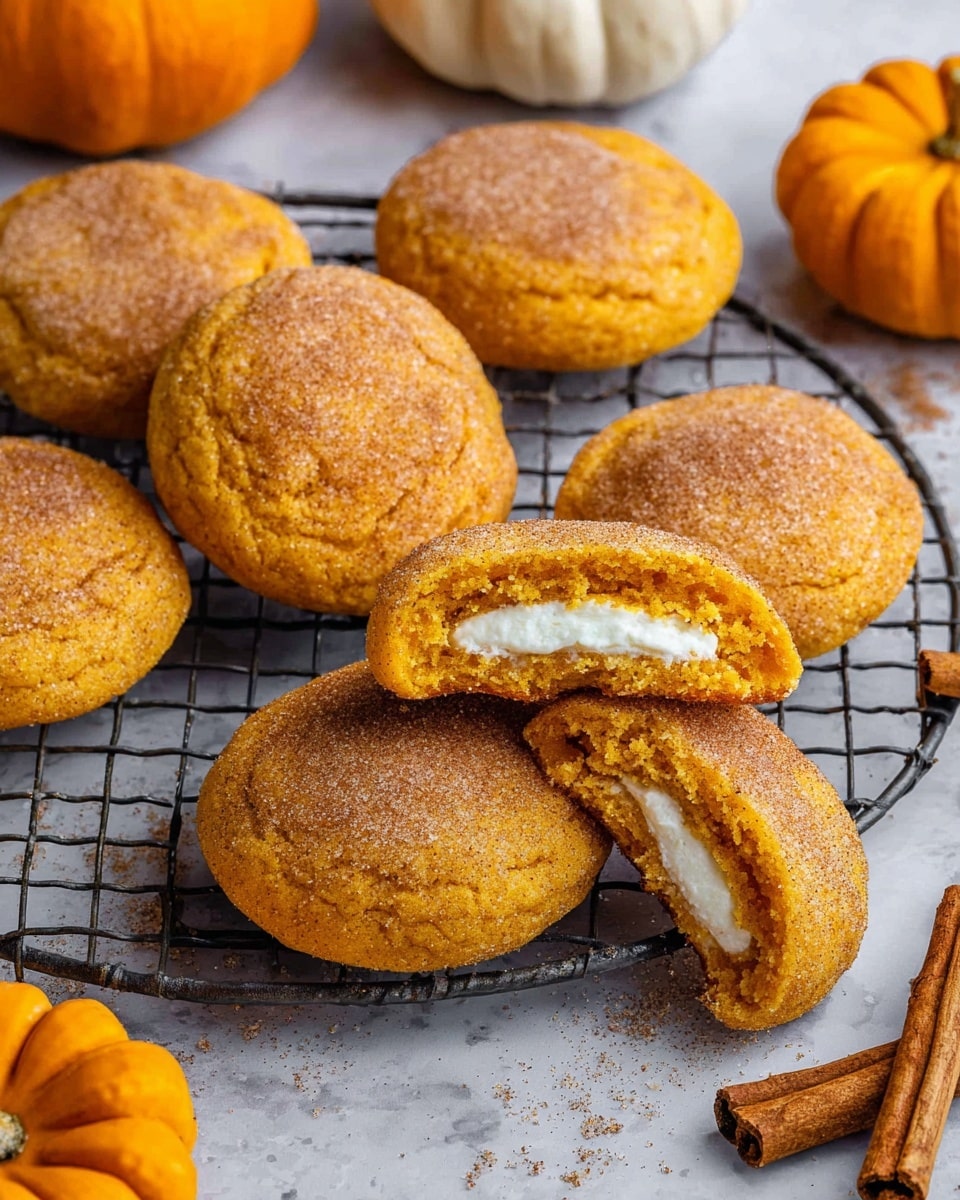 A stack of five round, soft cookies with a warm orange color and a slightly rough texture sits on a black cooling rack over a white marbled surface. The top cookie is broken in half, showing an inside layer of white, gooey filling. Around the rack, more cookies and two cinnamon sticks lie scattered. In the background, small pumpkins add an orange tone and seasonal feel to the scene. The photo taken with an iphone --ar 4:5 --v 7