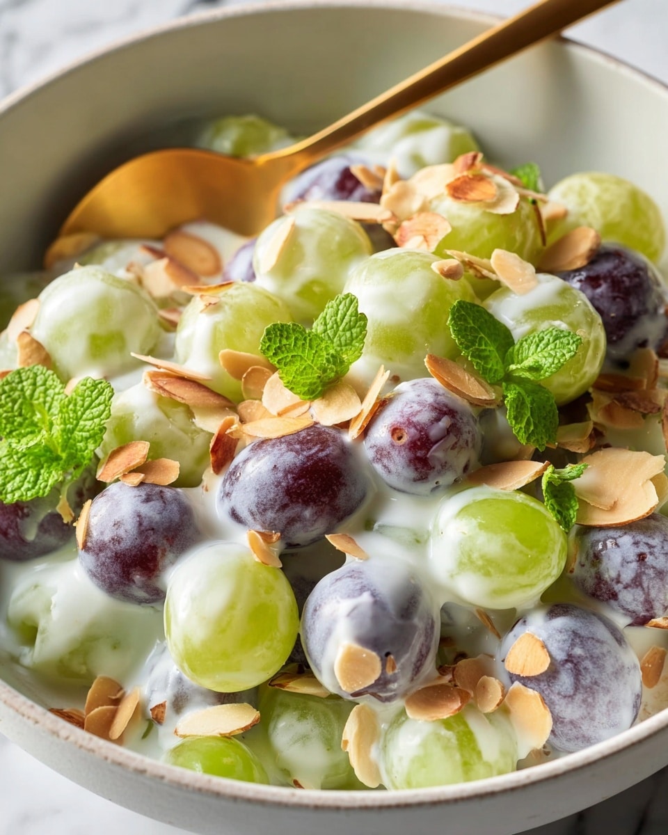 A close-up image of a fruit salad in a white bowl showing layers of green and purple grapes covered with a creamy white dressing, scattered with thin toasted almond slices that add a light brown texture, and fresh green mint leaves on top. A gold spoon rests in the bowl among the grapes. The background is a white marbled texture photo taken with an iphone --ar 4:5 --v 7