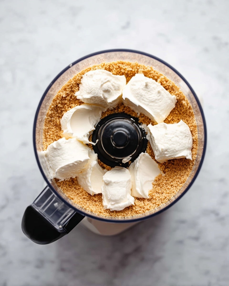 The image shows a clear food processor bowl filled with two layers: the bottom layer is a light brown crumbly texture, and the top layer consists of six irregular dollops of white creamy substance spread evenly around the center blade. The food processor has a black handle and is placed on a white marbled surface. Photo taken with an iphone --ar 4:5 --v 7
