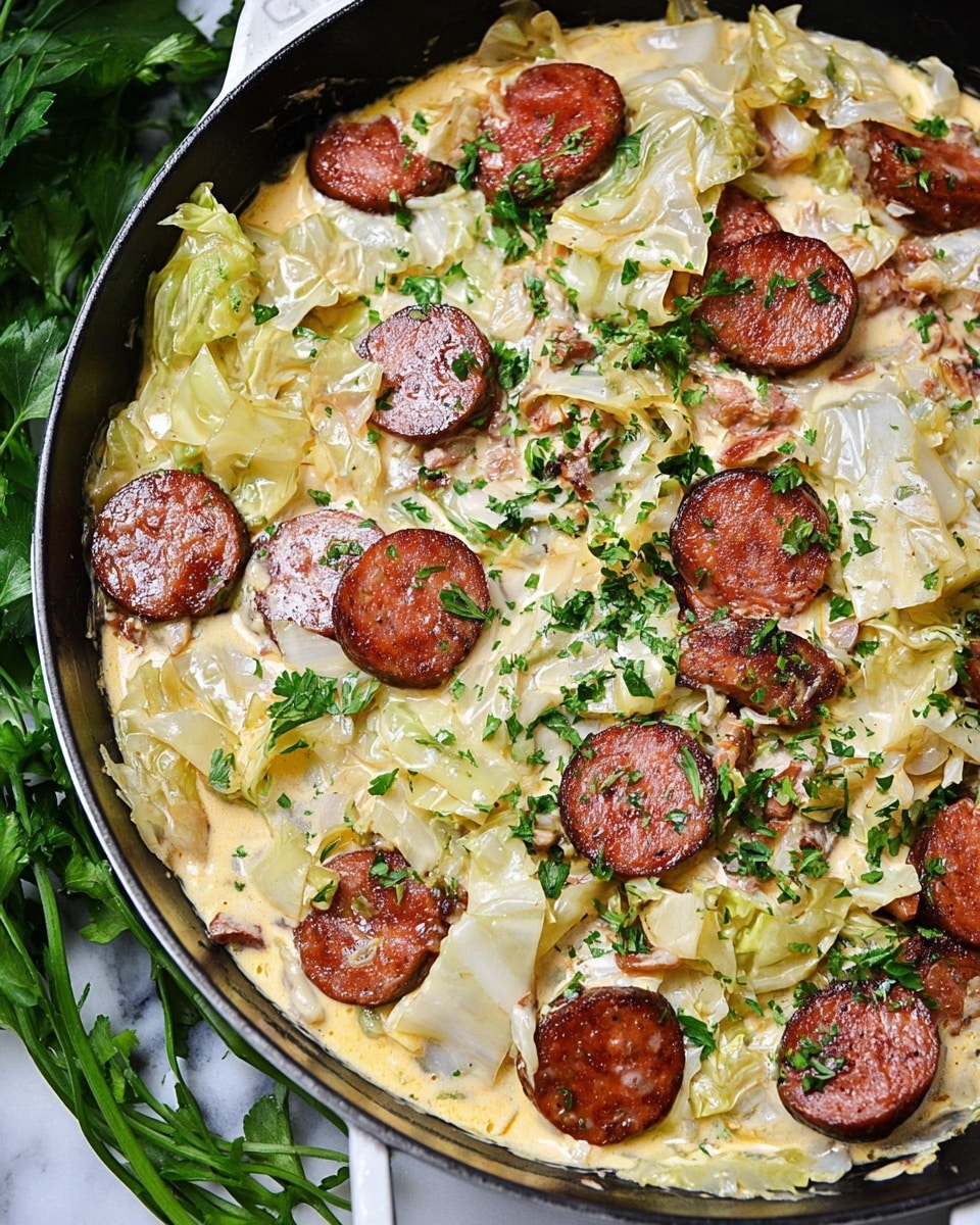 A close-up image showing one wooden spoon holding creamy white sauce mixed with pale yellow pasta and light green leafy vegetables, topped with a slice of browned sausage with some dark edges and small green herb pieces on top. The background shows the same dish in a pan with white creamy sauce, green herbs, and many browned sausage slices mixed with the light yellow and pale green ingredients on a white marbled surface. photo taken with an iphone --ar 4:5 --v 7