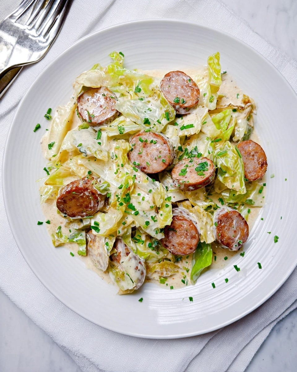 A close-up view of a black pan filled with a cooked dish showing three main layers: a creamy light yellow sauce at the bottom, round slices of browned reddish sausage scattered evenly on top of the sauce, and pieces of soft, light green and white cabbage mixed throughout. The dish is garnished with small chopped bright green herbs sprinkled on the surface. The pan is placed on a white marbled surface with fresh green leaves visible near the pan edge. photo taken with an iphone --ar 4:5 --v 7