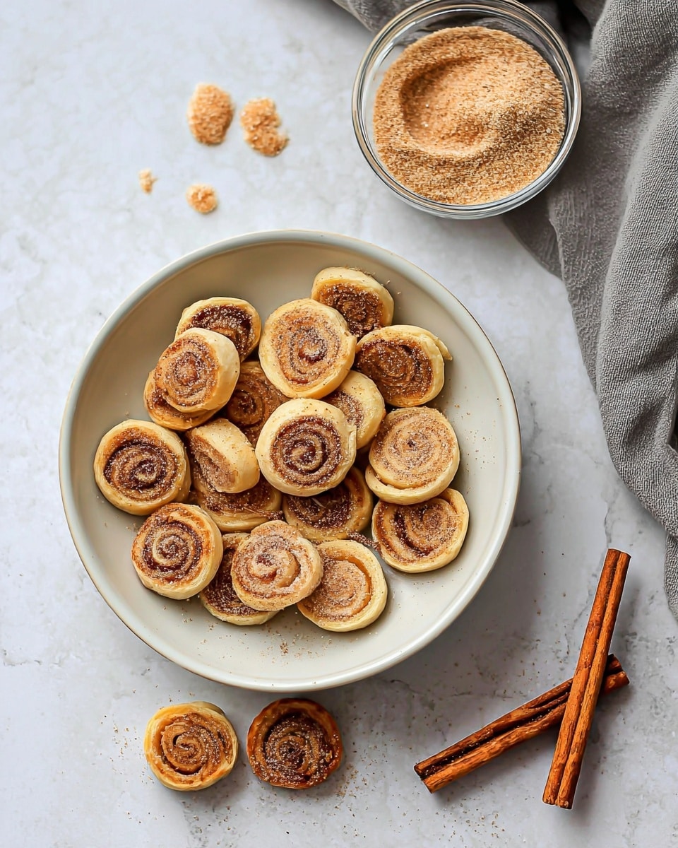 The image shows a white shallow bowl filled with about eighteen small cinnamon roll bites, each piece golden brown on the top with a slightly darker cinnamon swirl inside. The rolls are arranged loosely across the bowl’s surface, with some sugar and cinnamon sprinkled on top. A single cinnamon roll piece sits in front of the bowl on the white marbled table, with two cinnamon sticks placed nearby. In the background, there is a white bowl with extra cinnamon-sugar mixture and a few more cinnamon roll pieces slightly out of focus, all set on the white marbled surface. photo taken with an iphone --ar 4:5 --v 7