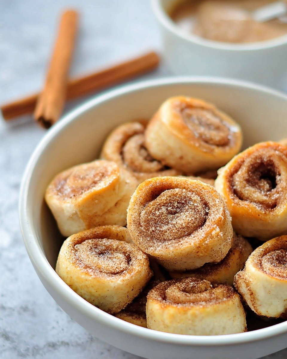 A white bowl filled with small, round cinnamon rolls that have a golden-brown top layer and a lighter, creamy-colored dough spiral inside. Each roll shows a dusting of cinnamon sugar on top, giving a slightly rough texture with a neat swirl pattern. In the background, there is a white round dish with light brown sauce, slightly out of focus. The bowl is placed on a surface with a white marbled texture and a cinnamon stick rests nearby. Photo taken with an iphone --ar 4:5 --v 7
