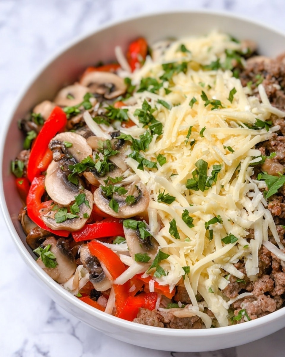 A close-up of a fork holding a mix of thinly sliced cooked meat in light brown, translucent cooked onion rings, bright red strips of bell pepper, and brown cooked mushrooms with green herbs sprinkled on top. Below the fork, there is a blurred view of a white bowl filled with the same cooked ingredients along with some white shredded cheese and more green herbs. The background shows a white marbled surface and a soft yellow shape that suggests a side dish, all softly out of focus. Photo taken with an iphone --ar 4:5 --v 7