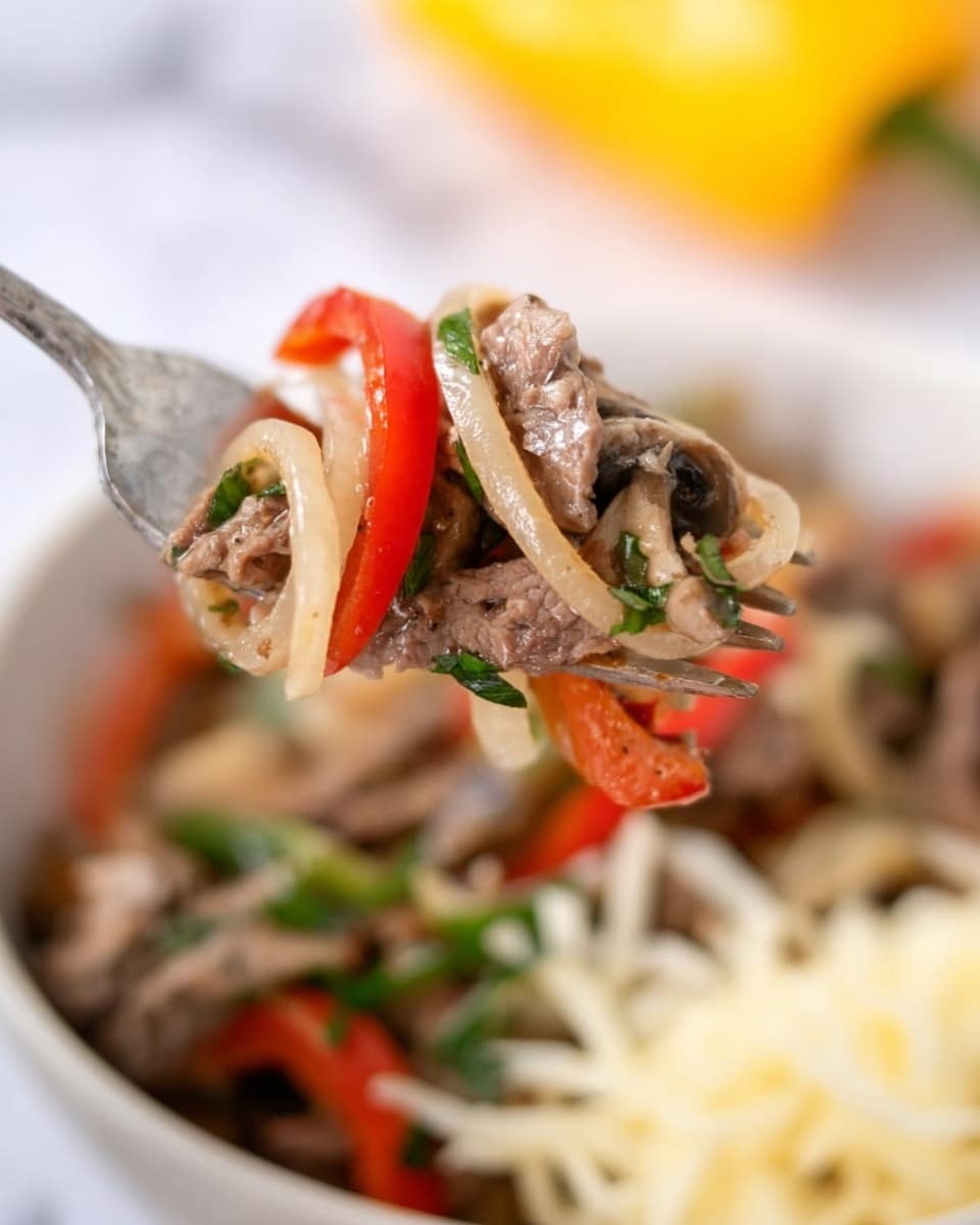 A white bowl holds a colorful dish with multiple layers starting at the bottom with cooked, crumbled brown ground meat. On top of this is a mix of sautéed vegetables including thin slices of light brown mushrooms, bright red bell pepper strips, and translucent cooked onions. Shredded pale cheese is sprinkled over the meat and vegetables, starting to melt slightly. Fresh green chopped herbs are scattered over everything, adding a fresh pop of color. The bowl is placed on a white marbled surface. Photo taken with an iphone --ar 4:5 --v 7