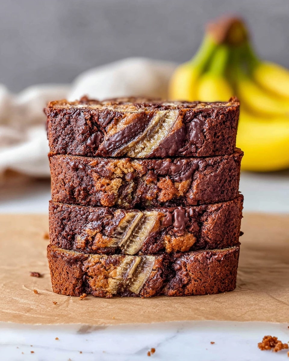 A stack of three thick slices of marbled banana chocolate bread is shown, each slice with visible swirls of dark brown chocolate and lighter brown banana bread dough mixed together. The bread's texture looks soft and dense with a cracked chocolate crust on top. The slices are placed directly on light brown parchment paper, resting on a white marbled surface with a blurred bunch of yellow bananas and white cloth in the background. Small crumbs are scattered around the stack. photo taken with an iphone --ar 4:5 --v 7