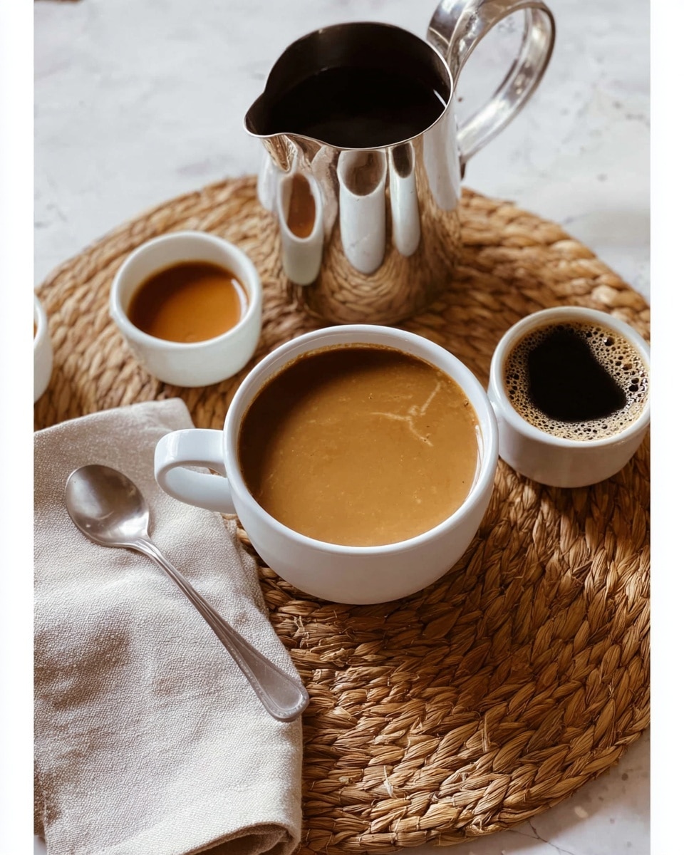 A large white ceramic cup filled with light brown coffee sits on a woven mat with a soft beige cloth underneath. Behind the large cup, there is a smaller white cup holding darker coffee with a rich dark brown crema on top. Next to these cups, there are two small clear plastic cups filled with espresso, showing dark brown coffee and lighter foam. A silver spoon rests on the cloth, partially covered with coffee. In the background, a small shiny metal creamer and a glass container are placed on a white marbled surface photo taken with an iphone --ar 4:5 --v 7
