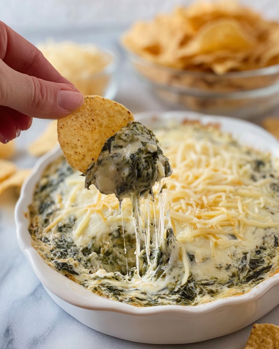The image shows a white ceramic baking dish filled with a creamy spinach dip topped with melted shredded cheese, which has a light golden color and slightly browned edges. The dip layer beneath the cheese is thick and mixed with chopped spinach, showing a dark green and white texture. Next to the dish, there is a white bowl holding round, light brown crackers standing upright. Nearby, a small clear glass container is filled with more shredded cheese. Two round light brown crackers lie flat on the white marbled surface beside the dish. A woman's hand is not visible, the whole setup is arranged on a white cloth over the white marbled surface. photo taken with an iphone --ar 4:5 --v 7