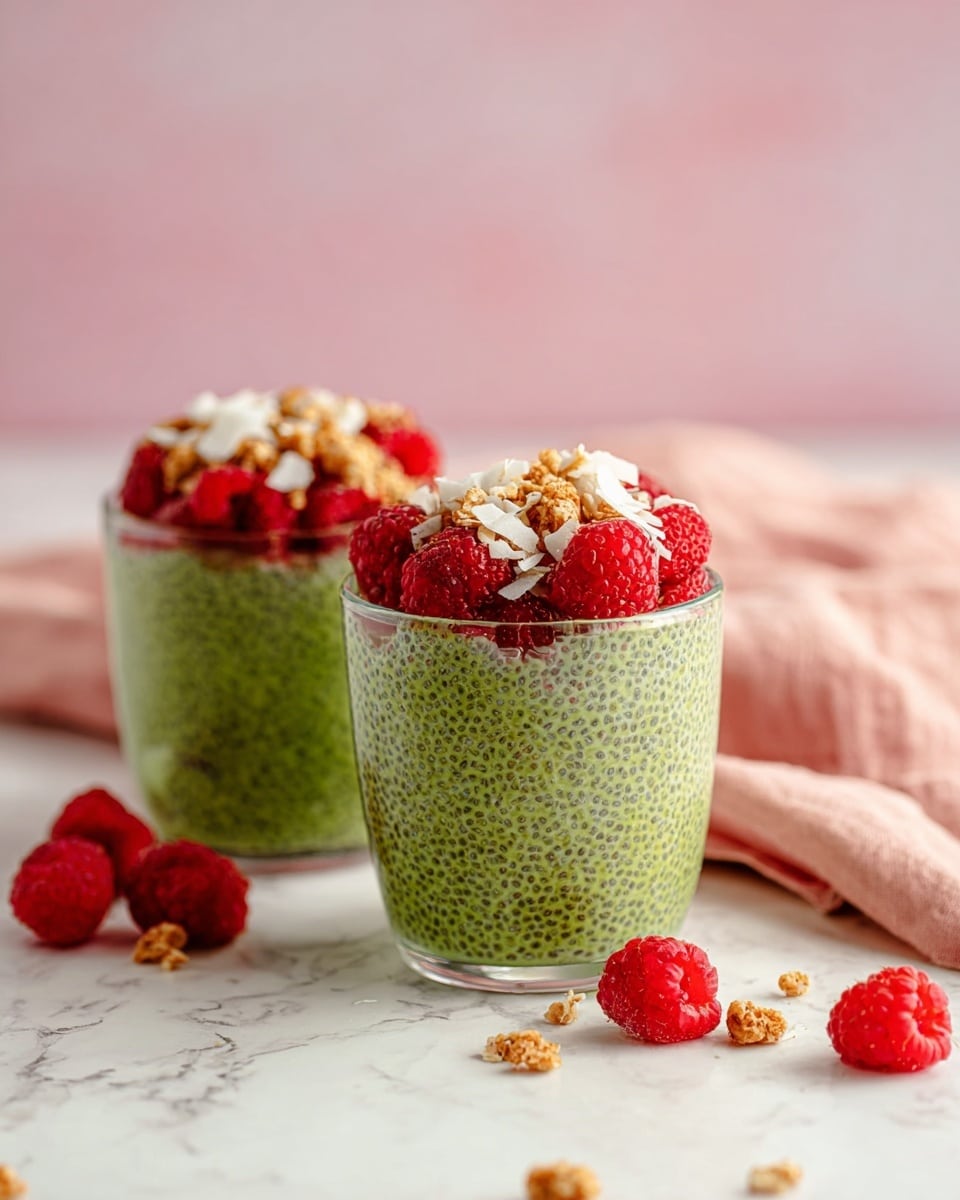 Two clear glass cups each have a thick, green chia pudding layer filling them almost to the top, with visible chia seeds dotted throughout. On top of the green pudding, there is a layer of red raspberries mixed with light brown granola pieces and thin shreds of white coconut. The cups sit on a white marbled surface with some scattered raspberries and granola pieces around them. The background is soft pink, and a soft pink cloth is partially visible behind the cups. photo taken with an iphone --ar 4:5 --v 7