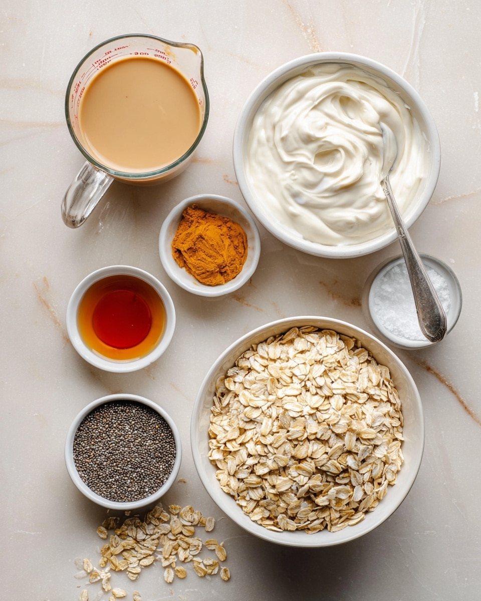 The image shows a white bowl filled with light beige rolled oats positioned at the bottom right, with some stray oats scattered on the white marbled surface. To the left, a clear glass measuring cup holds a smooth, creamy beige liquid. Above it, a white bowl contains thick, white yogurt with soft swirls on its surface. In the top right corner, another white bowl holds a creamy, light brown peanut butter with a spoon inside, showing smooth texture and swirls. Next to it, a small white bowl holds a dark amber liquid, likely maple syrup. Below that, a tiny white bowl contains a bright orange powder, and above it, another small white bowl holds white salt. Finally, on the far left, a white bowl is filled with tiny black and white chia seeds. All items are arranged neatly on the white marbled background, photo taken with an iphone --ar 4:5 --v 7